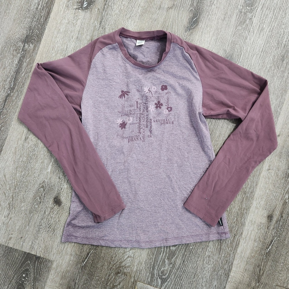 Prana Womens Long Sleeve Raglan Graphic T-Shirt Purple Heathered Floral M USA